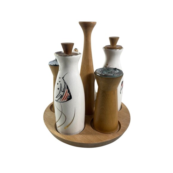 VTG Woodpecker Wood Ware Condiment Caddy Angel Fish Cruet Set 60s MCM Rare *READ - Picture 7 of 15